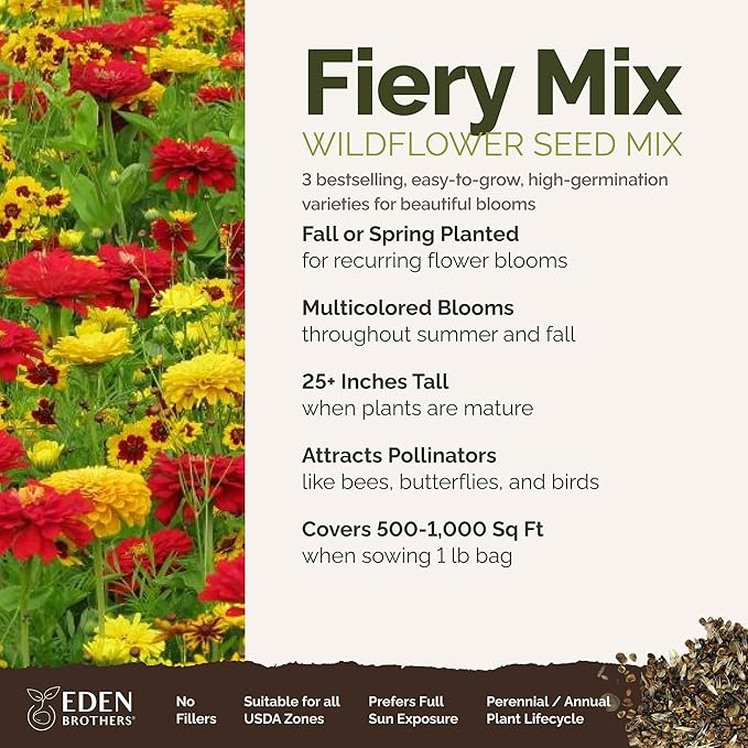 Eden Brothers Fiery Flower Mixed Seeds for Planting, 1 lb, 480,000+ Seeds with Zinnia Scarlet Flame, Plains Coreopsis | Attracts Pollinators, Plant in Spring or Fall, Zones 3, 4, 5, 6, 7, 8, 9, 10