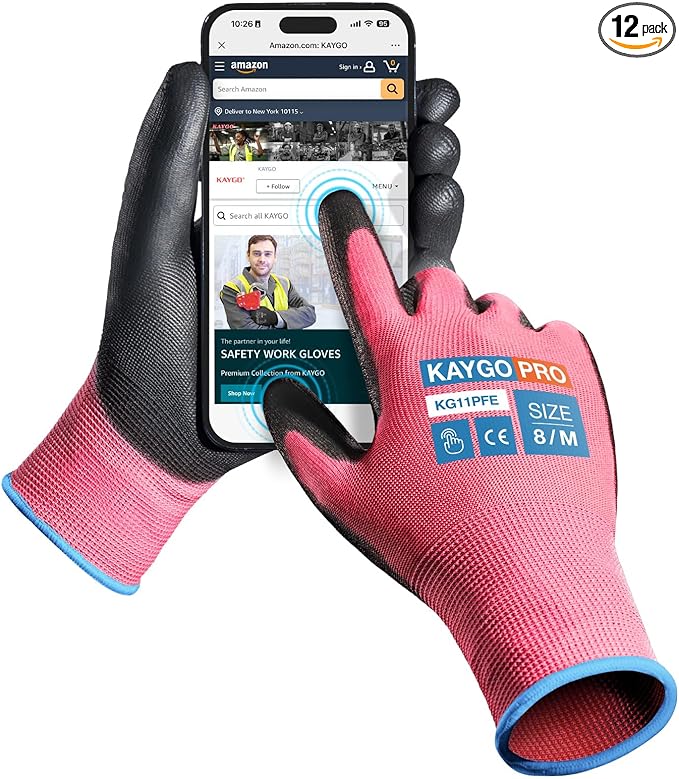 KAYGO Safety Work Gloves PU Coated for Men and Women- KG11PB,12 Pairs,Seamless Knit Glove with Two Fingers Touchscreen,Ideal for General Duty Work (M,Pink)