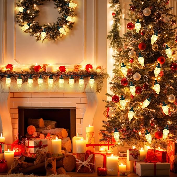 Brightever C9 LED Christmas String Lights, 70FT 100LED Battery Operated Christmas Lights With Timer & 8 Lighting Modes, Strawberry String Lights for Xmas Trees, Wreaths, Decoration, Warm White, 1-Pack