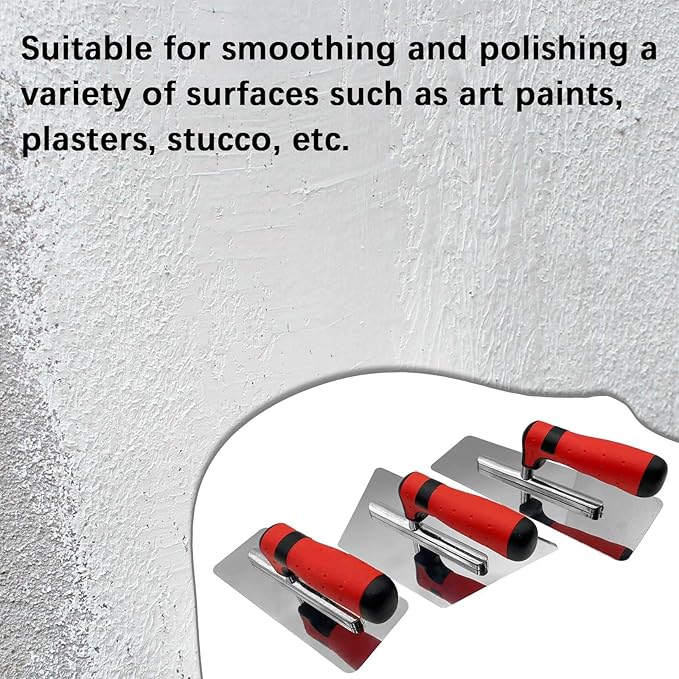3 Pack Plaster Finishing Trowel Set, Polished Stainless Steel Paint Plastering Hand Tool with Rubber Handle, 0.7mm Thickness Concrete Trowel for Drywall Repairs and Spreading