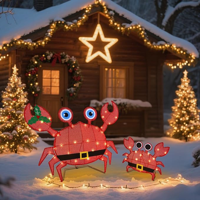 Prsildan Outdoor Christmas Decorations - Set of 2 LED Lighted Crab Yard Decor, 2D Battery Operated Holiday Lawn Figures for Porch, Garden, Home, Xmas Party Decor (Red)