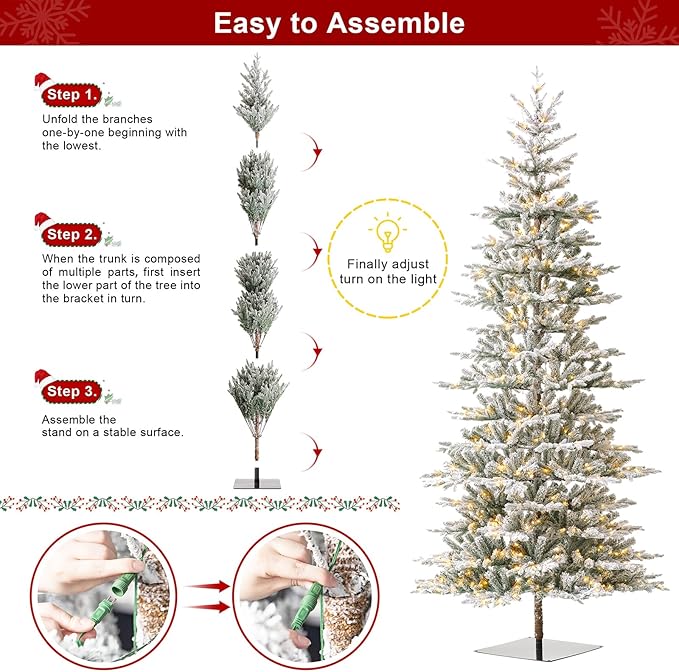 Glitzhome 10ft Deluxe Pre-Lit Flocked Artificial Christmas Tree, Majestic Frostfall Fir Hinged Holiday Xmas Tree with 700 Warm White Lights, Three Function, Easy Assembly