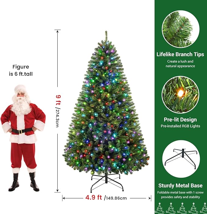SHareconn 9ft Prelit Artificial Classic Spruce Christmas Tree with Remote Control, 640 Warm White & Multi-Color LED RGB Lights, 2316 Branch Tips, 9 FT Perfect Choice for Home Xmas Decoration, Green