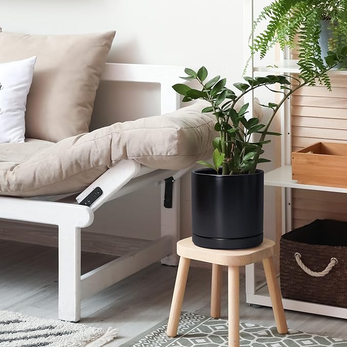 D'vine Dev 4 Inch & 6 Inch & 8 Inch, Set of 3 Round Ceramic Planter Pot with Drainage Hole and Saucer, Black, 94-T-M-2