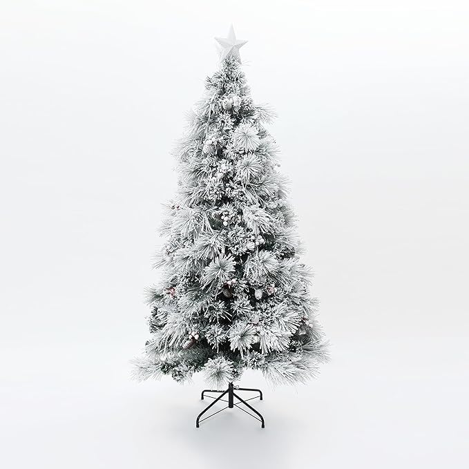 LuxenHome 6FT Flocked Christmas Tree, Christmas Tree with Lights, Pine Cones and Red Berries, White Artificial Trees with 100 LED Lights, 243 PVC and Bristle Tips for Living Room, Entryway Decor