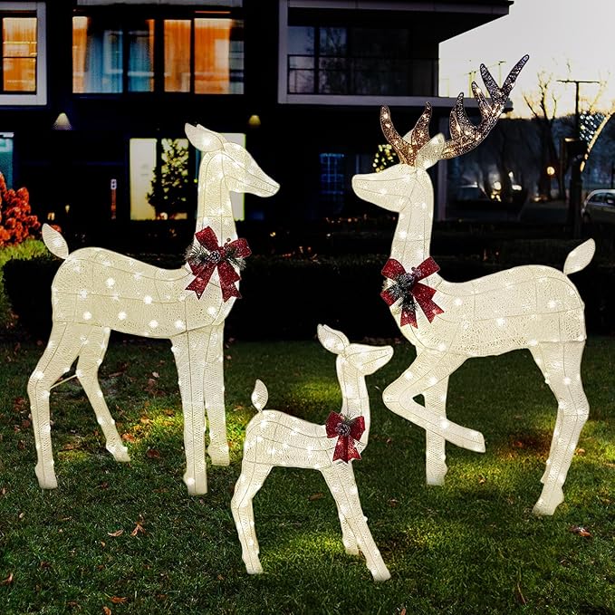 Joiedomi 3 Packs Christmas Decoration Deer Family, 360 Warm White LED Lighted Reindeers Yard Lights, Christmas Outdoor Decorations for Yard Garden Lawn, Xmas Decor, White Deer