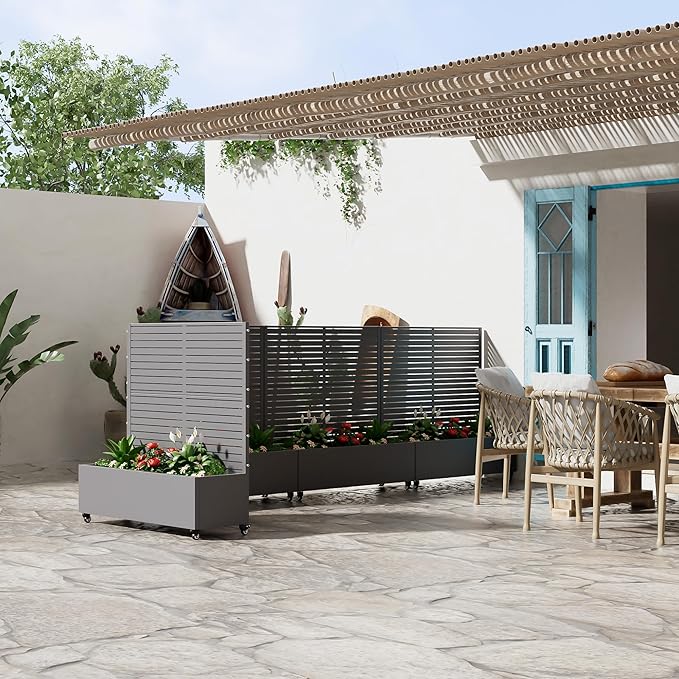 Casaphoria Metal Raised Garden Bed with Trellis and Wheels, 47"x47"x16" Planter Box for Climbing Plants, Vegetables & Vines, Features Drainage Holes and Privacy Screen (Grey-Louvered)