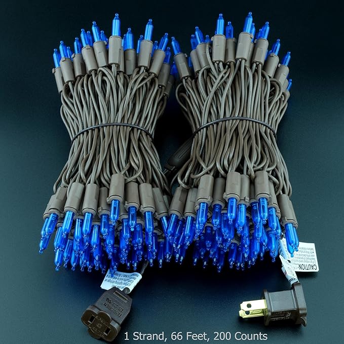 YULETIME 200 Blue LED Christmas Lights, 66 Feet Brown Wire UL Certified Commercial Grade Holiday String Light Set