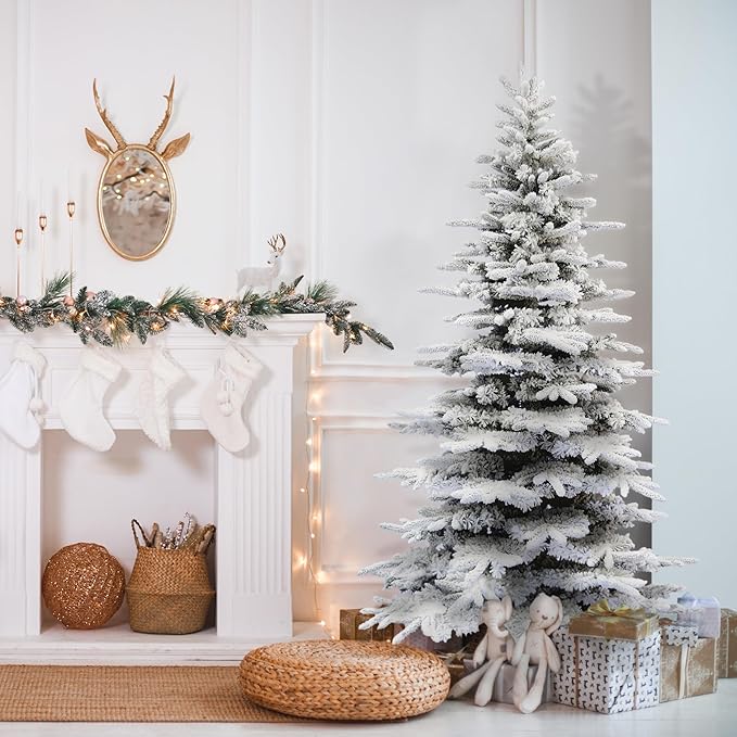 Fraser Hill Farm 7.5-ft. Pine Valley Flocked Christmas Tree, Huge Fake Christmas Tree with No Lights, Unlit Snowy Artificial Christmas Tree, Festive Indoor Holiday Decoration