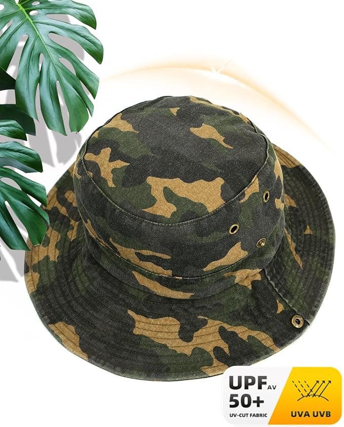Men's Bucket Hat Camo Outdoor Sun Protection, Breathable Quick-Dry Fishing Gardening Hiking Hat ,UPF50+ Cotton Wide Brim