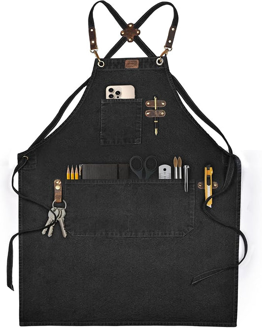 LEATHER VILLAGE Chef Aprons for Men Women with Large Pockets, Cotton Canvas Cross Back Adjustable Work Apron, Size M to XXL
