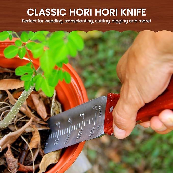 Garden Guru Hori Hori Garden Knife Deluxe Set for Weeding, Digging, Pruning, and Cultivating - Stainless Steel Full Tang Blade | Marks for Measuring Planting Depth | Nylon Sheath for Storage