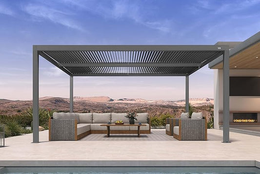 PURPLE LEAF Louvered Pergola 12' x 16' Outdoor Full Aluminum Pergola with Adjustable Rainproof Roof Modern Retractable Patio Hardtop Gazebo for Deck Backyard Garden Slate Grey