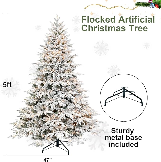 Prelit Flocked Artificial Full Christmas Tree 5FT with 1528 PE PVC Tips, Premium Snow Pre-Lit Holiday Xmas Tree with 300 UL Incandescent Lights, Foldable Base for Home Office Party