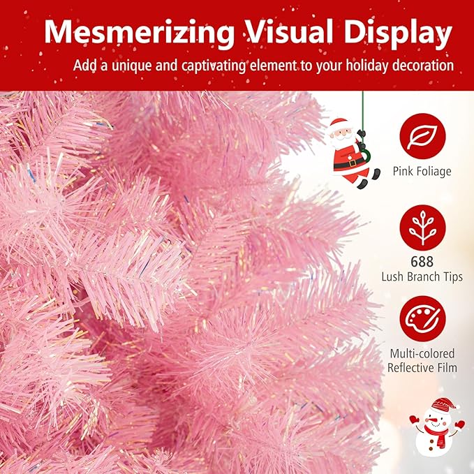 Goplus 6 FT Pre-Lit Tinsel Christmas Tree, Artificial Hinged Xmas Tree with 250 Warm White LED Lights, 8 Modes, 688 Lush Branch Tips, Metal Stand, Home Office Seasonal Holiday Decoration, Pink