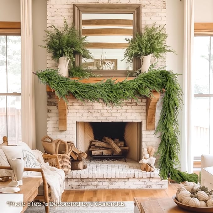 WBHome 2 PCS Real Touch Norfolk Pine Christmas Garland, Winter Greenery Garland for Christmas, Holiday Seasonal Outdoor/Indoor Home Decor, 9FT Long