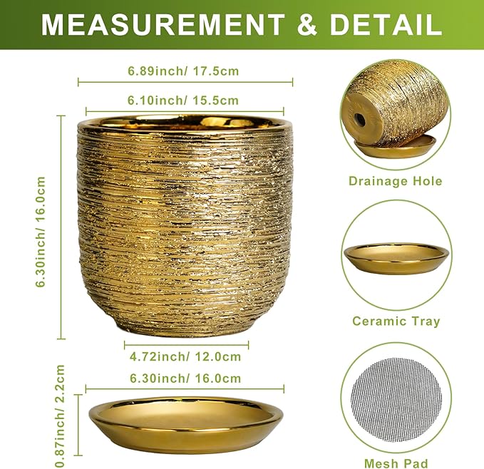 Ceramic Plant Pot 7 Inch - Ceramic Planter for Indoor Outdoor Plants, Round Modern Flower Pot with Drainage Hole and Saucer, Housewarming Gifts, House Patio Office Home Decor, Gold