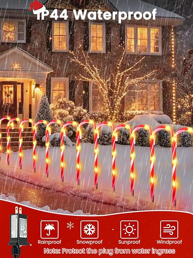 BOSSERN 24 Pack Christmas Candy Cane Lights Plug in, Jumbo Candy Cane Light Waterproof, 8 Modes Christmas LED Decorations for Outdoor, Pathway Lights Plug in for Garden Lawn Yard Patio Decorations
