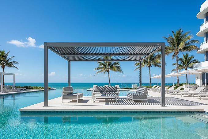 PURPLE LEAF Louvered Pergola 12' x 14' Outdoor Full Aluminum Pergola with Adjustable Rainproof Roof Modern Retractable Patio Hardtop Gazebo for Deck Backyard Garden Slate Grey