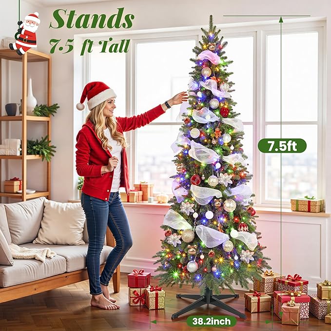 7.5ft Prelit Rotating Artificial Pencil Slim Christmas Tree with Remote Timer & Dimmer, Multi-Color LED Lights, PE & PVC Branches for Holiday Decor
