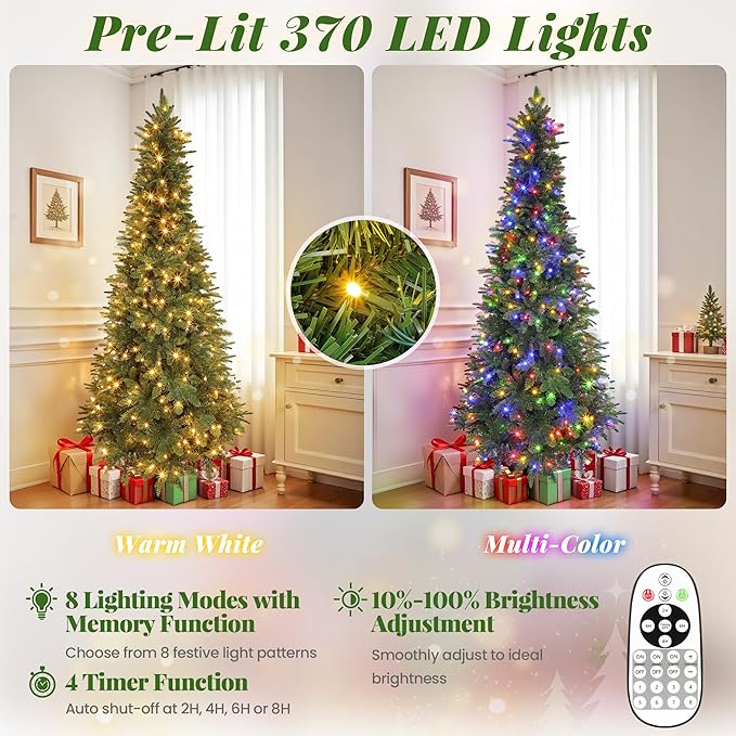 Pre-lit Christmas Christmas Tree, 7.5ft Green Slim Tree with Music Function, Skinny Xmas Holiday Decoration, 470 LEDs, 8 Lighting Modes, Rotating Stand