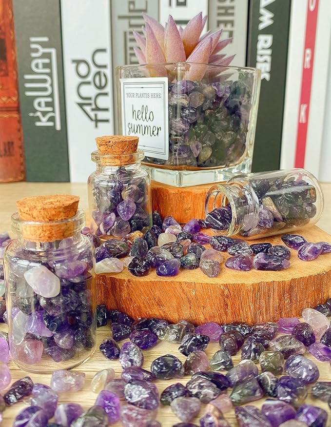 QINJIEJIE Amethyst Crystal Gravel Polished Rocks Chips Stones Pea Quartz 0.3-0.4" Tumbled Stone Crushed Natural Gem Gravel Home Decoration Small Pebbles Vase Filler Landscape Bottom Ornament 0.9lb