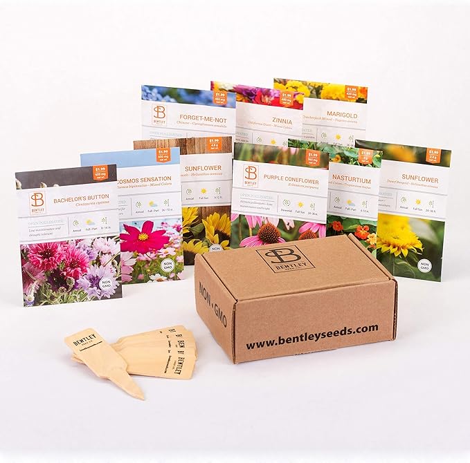 Seed Starter Kit – Flowers | Non-GMO | Heirloom Seed Packets | Natural Wood Row Markers