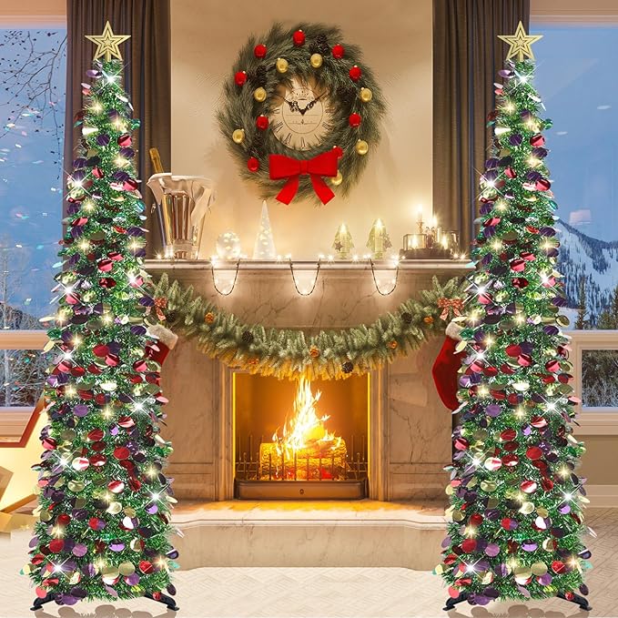 HMASYO 6 FT Pop Up Christmas Tree with 100 LED Lights & Remote, Green Christmas Tinsel Tree, Collapsible Artificial Pencil Tree for Home Office Party Decor, USB Powered Timer Lights, Easy Assembly