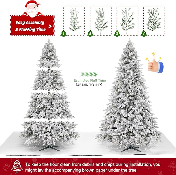 Thalassophile 9ft Pre-Lit Flocked Christmas Tree with Rotating Stand, Prelit Rotating Artificial Hinged Xmas Tree with Remote, 600 Lights Warm White & Multi Color, 2512 Branch Tips, Snow Flocked