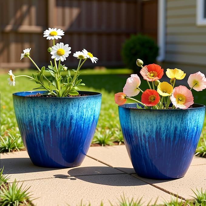 8 inch Plant Pots with Drainage Holes, Pack of 4 Plastic Flower Pots Indoor, Modern Glossy Finishing Planter for Indoor Outdoor Plants (Blue Glaze, 4 Pack)