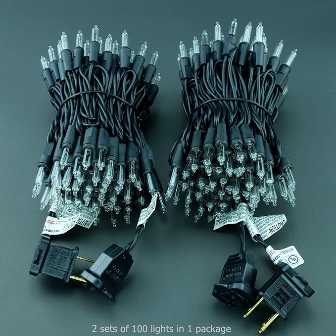 YULETIME 200 Clear Christmas Lights with Black Wire, Pack of 2 Strands of 21 ft 100 Count UL Certified Incandescent Mini String Light (Clear - Black Wire)