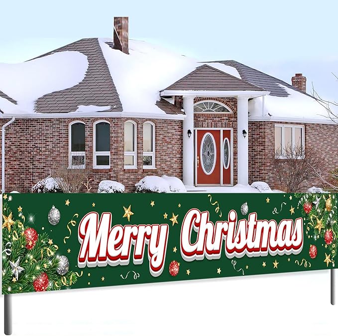 Happy Christmas Large Banner,Christmas Tree Branches Banner for Outside,Merry Christmas Green Decorations for Yard Garden 120x20 Inches