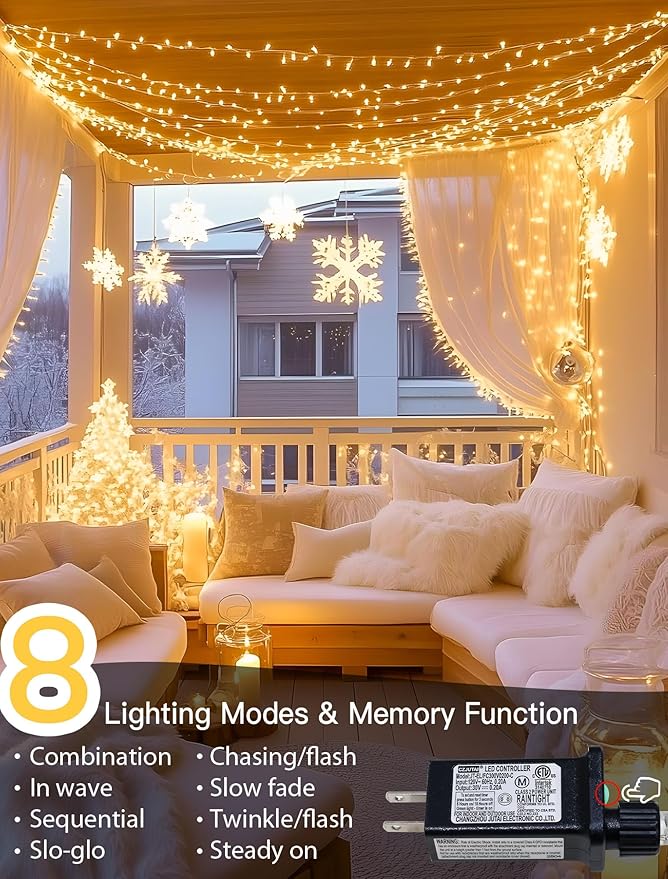 98FT 200 LEDs String Lights Waterproof Fairy Lights 8 Modes with Memory 30V UL Certified Power Supply for Home, Garden, Wedding, Party, Christmas Decoration Indoor Outdoor (Warm White)