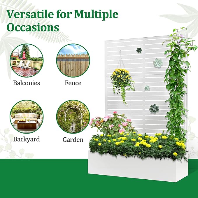 Metal Raised Garden Bed with Trellis, 2 in 1 Trellis with Planter Box & Privacy Screen for Climbing Plants, Vine, Outdoor Standing Flower Beds with Drainage Holes, 47" L x 16" W x 71" H, White