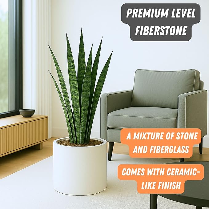 Fox & Fern 14.6 Inch Extra Large Planter — Premium Lightweight Fiberstone Matte White Plant Pot with Drainage Plug; Big Planter for Indoor & Outdoor Use; Weather Resistant & UV Resistant