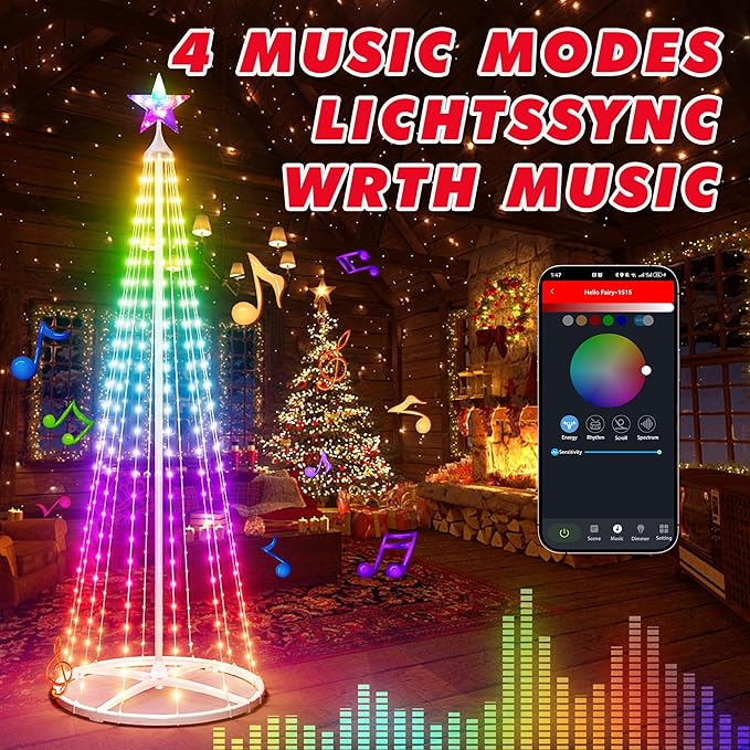 3-Pack Smart Outdoor Lighted Christmas Trees, LED Christmas Tree for Indoor Outdoor, Smart Christmas Cone Tree with Star Topper, Music Sync, DIY Color Changing, Remote & APP Control