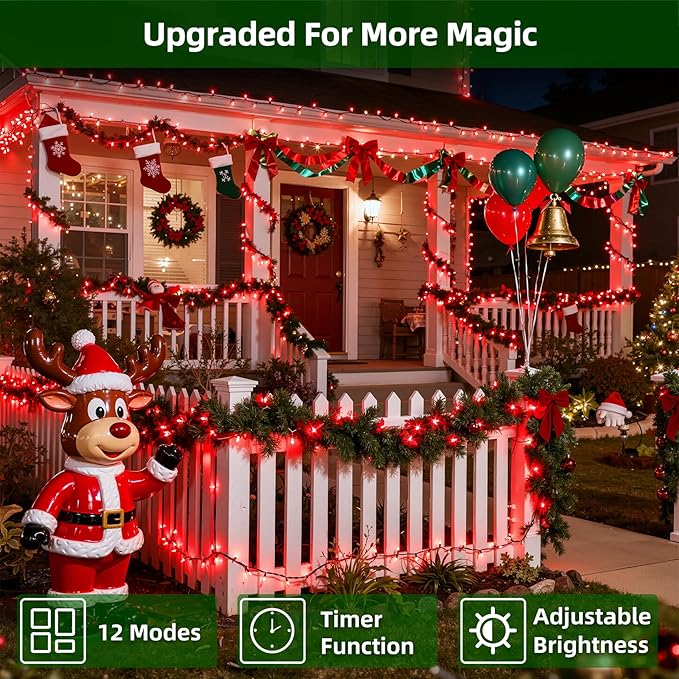 1500 LED Chrstmas Lights, 470ft Outdoor Christmas String Lights with 12 Modes, Red LED String Lights with Timer Dimmable Waterproof for Tree Fence Garden Xmas Wedding Party Decor Red