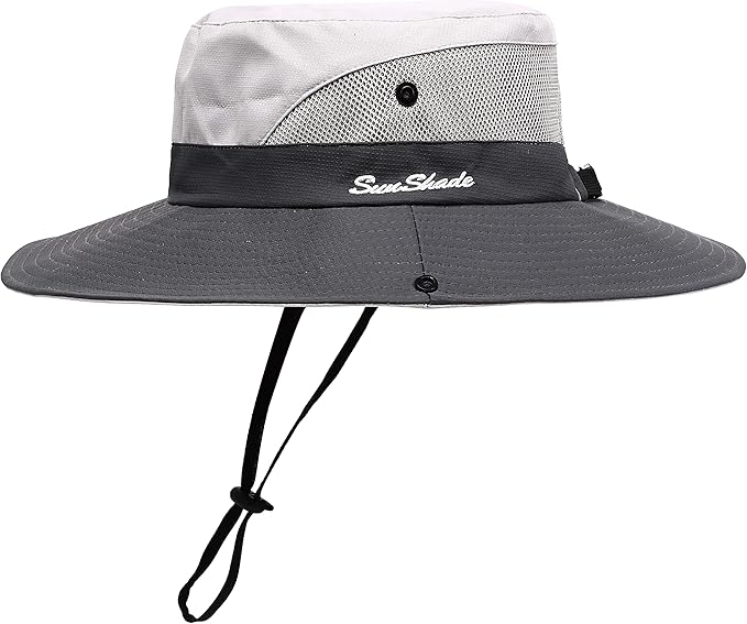 Womens Summer Sun Hat Beach Hat Wide Brim Outdoor UV Protection Hat Foldable Cool Mesh Ponytail Bucket Hat