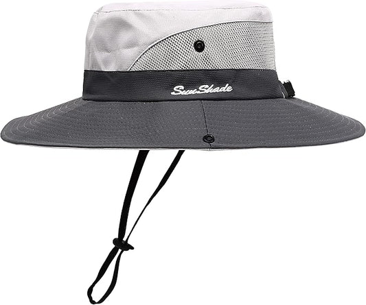 Womens Summer Sun Hat Beach Hat Wide Brim Outdoor UV Protection Hat Foldable Cool Mesh Ponytail Bucket Hat