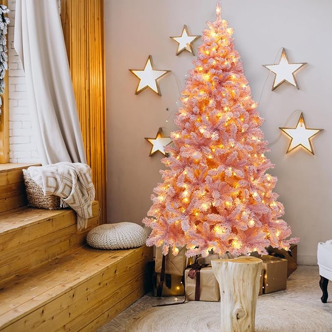 Christmas Tree, 7.5ft Flocked Pink Christmas Tree Prelit with Lights, 10 Functions, 400 Lights, Spruce Artificial Christmas Tree Prelit with Realistic Tips & Sturdy Metal Base Easy Assembly