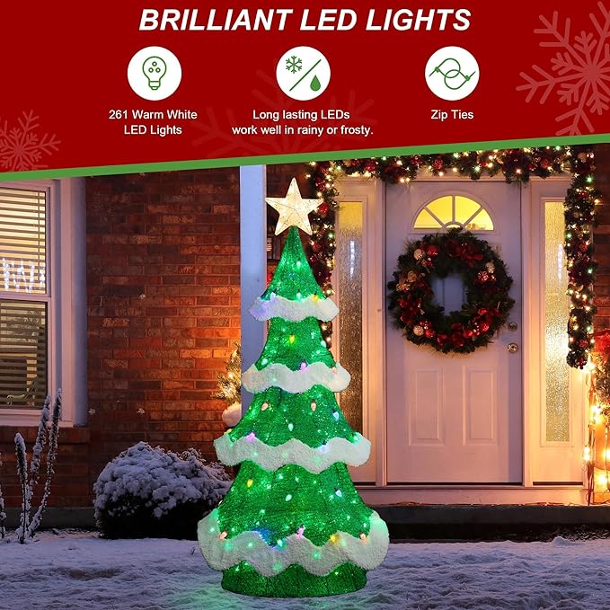 Glitzhome 6FT Outdoor Lighted 3D Christmas Tree, Large Mesh Christmas Tree Holiday Yard Decoration with Colorful Bulbs and 261 Green LED Lights, for Xmas Lighted Holiday Display Indoor Outdoor