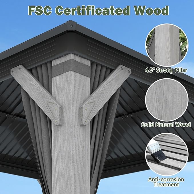 12x16FT Hardtop Wood Gazebo, Outdoor Gazebo with Cedar Wooden Pillar & Double Metal Roof - Weather-Resistant Gazebos Pavilion for Patio, Garden, Backyard (w/Netting & Gray Curtains)