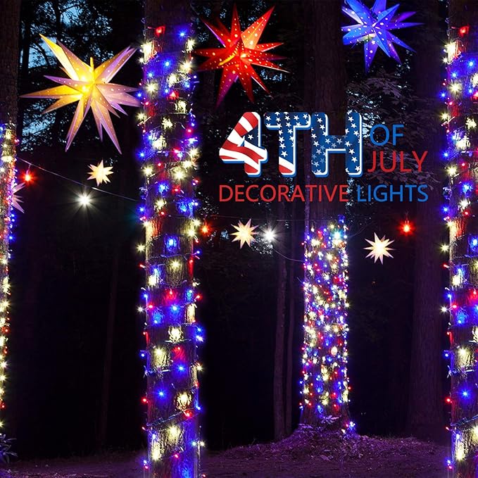 4th of July Decoration Patriotic Mini Lights - 200 Count 50 Feet Red White Blue Incandescent Bulb Waterproof String Lights Plug in for Indoor Outdoor Christmas Party Patio Independence Day Decoration