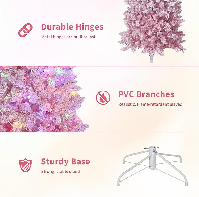 GarveeHome 7.5ft Prelit Artificial Christmas Tree with RGB & Warm White Lights, Pre-Lit Snow Flocked Pencil Christmas Tree, Foldable Base,Holiday Decoration for Home, Office, Party,Pink Gradient