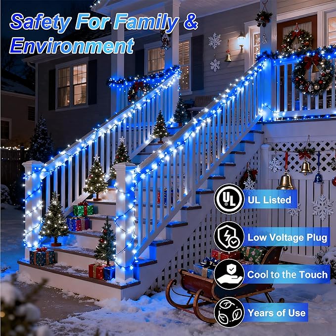 750 LED 256FT Christmas String Lights, Christmas Light with 8 Lighting Modes & Timer Memory, Plug in Outdoor Waterproof Clear Wire Twinkle Light for for Xmas Yard Tree Party Decor Blue and White