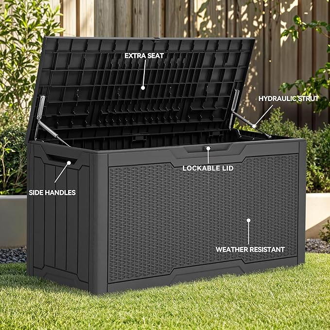 YITAHOME 80 Gallon Resin Deck Box, Weather Resistant Outdoor Rattan Storage Box, Lockable Indoor Outdoor Storage for Supplies and Essentials, Dark Gray