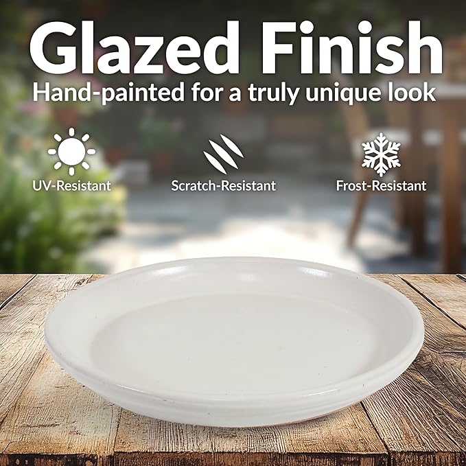 Sunnydaze 12-Inch Ceramic Plant Saucers - Plant Drip Trays for Outdoor Planter Flower Pot Drainage - Set of 2 - Pearl