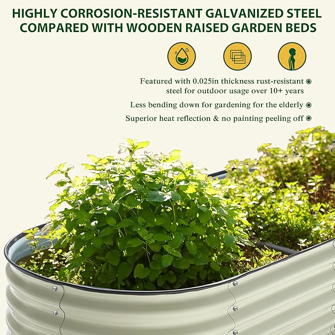 MUPATER Galvanized Raised Garden Bed 8x2x2ft, 9-in-1 Metal Raised Planter Box with 2 Aluminum Support Rods, Oval Outdoor Raised Garden Bed for Vegetable, Flower, Backyard and Patio, Cream White