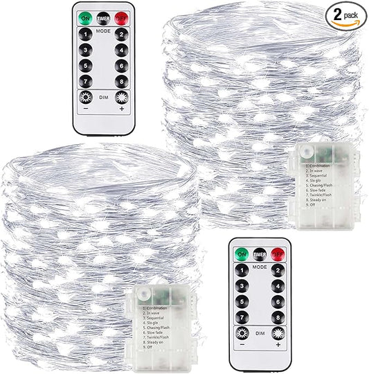 2 Pack 200LED Christmas Battery Operated Fairy Lights with Remote, 8 Modes String Lights with Timer, Dimmable, Memory Function, Waterproof Twinkle Lights for Outdoor Indoor Christmas Decor(Cool White)
