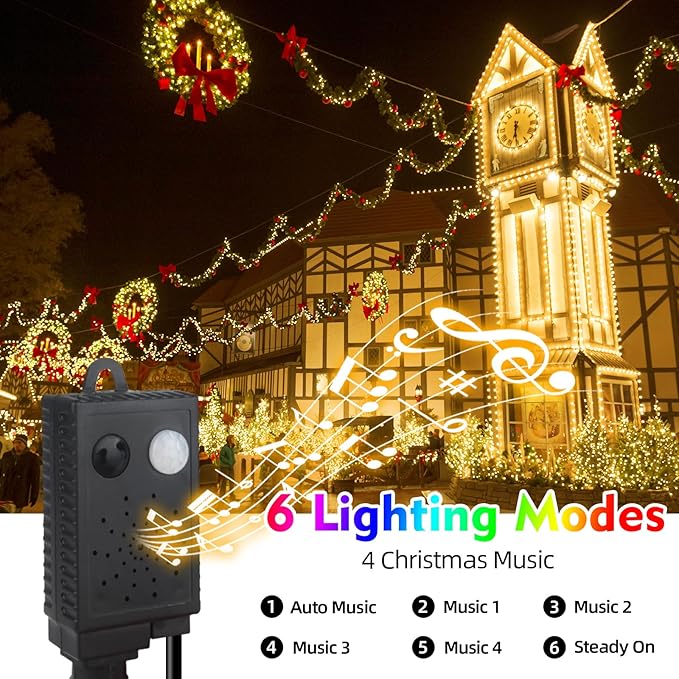 Motion Sensor Music Christmas Lights Outdoor Indoor, 108FT 300LED Christmas Tree Lights, Warm White Christmas String Lights for Tree Party Decorations